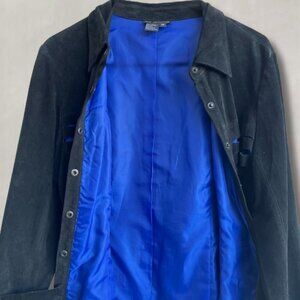 Dons Black Leather Jacket Blue Satin Lining Snap Closure M